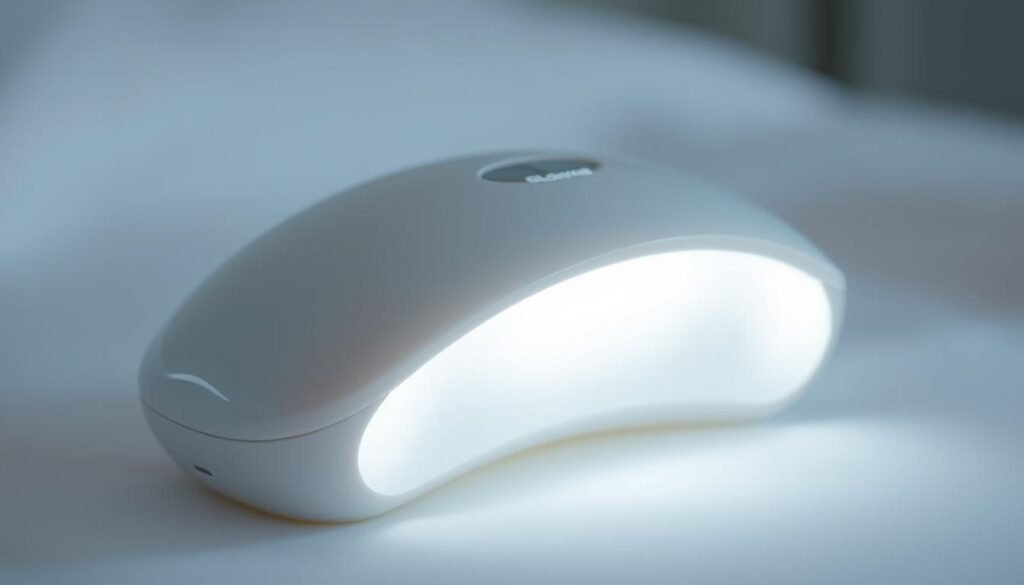 A close-up view of the Glowin Beaute "Oligio X 原美電波" device, elegantly designed with a sleek, minimalist aesthetic. The device's soft, curved form, rendered in a soothing, pearlescent white, appears delicate and inviting. Gentle, diffused lighting emanates from the device, creating a calming, therapeutic atmosphere. The background is intentionally blurred, allowing the device to be the focal point, emphasizing its simplicity and efficacy. The overall mood is one of relaxation, comfort, and a sense of relief for those who may be apprehensive about pain-inducing treatments. The image conveys the device's potential to provide a gentle, soothing experience for those who typically dread such procedures. A close-up view of the Glowin Beaute "Oligio X 原美電波" device, elegantly designed with a sleek, minimalist aesthetic. The device's soft, curved form, rendered in a soothing, pearlescent white, appears delicate and inviting. Gentle, diffused lighting emanates from the device, creating a calming, therapeutic atmosphere. The background is intentionally blurred, allowing the device to be the focal point, emphasizing its simplicity and efficacy. The overall mood is one of relaxation, comfort, and a sense of relief for those who may be apprehensive about pain-inducing treatments. The image conveys the device's potential to provide a gentle, soothing experience for those who typically dread such procedures.