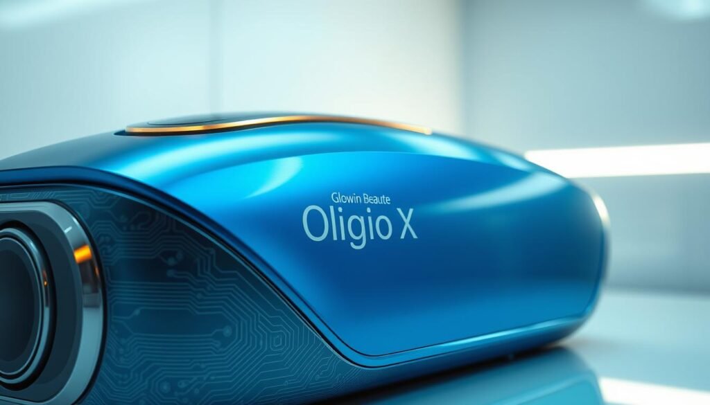 A high-tech, futuristic medical device with a sleek, minimalist design. Smooth, glossy surfaces in a striking metallic blue hue, evoking a sense of advanced technology. Intricate circuit board patterns and etched metallic accents create a complex, almost organic visual texture. Soft, indirect lighting bathes the device in a warm, calming glow, highlighting its premium build quality. The Glowin Beaute "Oligio X" logo is prominently displayed, conveying a sense of scientific innovation and therapeutic power. The device is presented in a clean, clinical environment, suggesting its use in a professional medical setting. A high-tech, futuristic medical device with a sleek, minimalist design. Smooth, glossy surfaces in a striking metallic blue hue, evoking a sense of advanced technology. Intricate circuit board patterns and etched metallic accents create a complex, almost organic visual texture. Soft, indirect lighting bathes the device in a warm, calming glow, highlighting its premium build quality. The Glowin Beaute "Oligio X" logo is prominently displayed, conveying a sense of scientific innovation and therapeutic power. The device is presented in a clean, clinical environment, suggesting its use in a professional medical setting.
