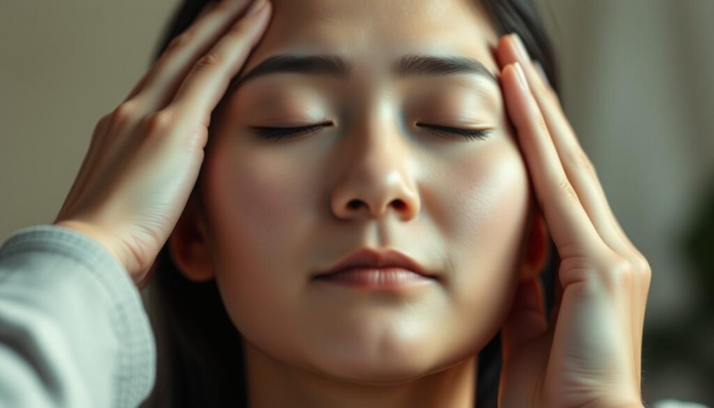 A close-up shot of a person's head and shoulders, with their eyes gently closed in relaxation. The lighting is soft and diffused, creating a warm and calming atmosphere. The subject's face is framed by their hands, which are gently massaging their temples and the area around their ears. The background is blurred, placing the focus entirely on the soothing act of massage. The image conveys a sense of tranquility and the potential for relief from the discomfort of tinnitus, as the massage technique is a well-known traditional Chinese healing practice.
