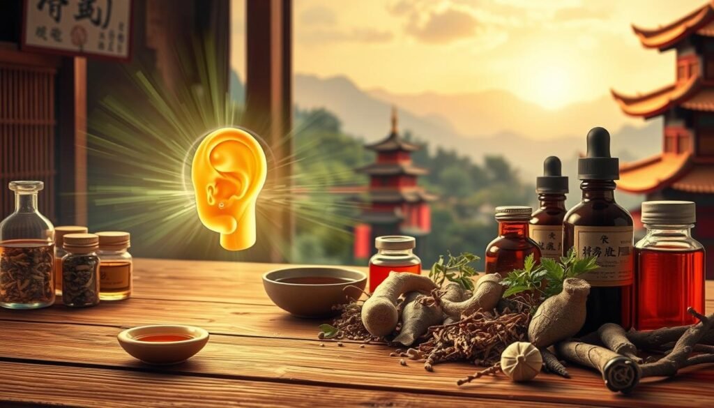 A detailed illustration of traditional Chinese medicine remedies for tinnitus. In the foreground, an array of natural herbs, roots, and tinctures arranged on a wooden table. In the middle ground, a close-up of an ear model with a glowing energy field radiating from it, signifying the internal imbalance. In the background, a faint traditional Chinese landscape with mountains, pagodas, and a harmonious atmosphere. The lighting is warm and natural, with soft shadows and highlights to create depth and texture. The overall composition conveys a sense of holistic healing and traditional wisdom applied to the modern condition of tinnitus.