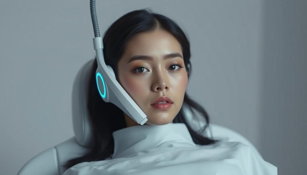 A professional portrait of a woman undergoing the Oligio X 原美電波therapy process, captured with a high-quality camera and dramatic lighting. The subject is seated in a serene, minimalist setting, her face partially obscured by a futuristic-looking medical device. The atmosphere is both clinical and tranquil, conveying the technological and therapeutic nature of the Oligio X 原美電波treatment from Glowin' Beaute. The image should highlight the process and procedure, without distracting elements, to visually complement the section title "Oligio X 原美電波療程過程." A professional portrait of a woman undergoing the Oligio X 原美電波therapy process, captured with a high-quality camera and dramatic lighting. The subject is seated in a serene, minimalist setting, her face partially obscured by a futuristic-looking medical device. The atmosphere is both clinical and tranquil, conveying the technological and therapeutic nature of the Oligio X 原美電波treatment from Glowin' Beaute. The image should highlight the process and procedure, without distracting elements, to visually complement the section title "Oligio X 原美電波療程過程."