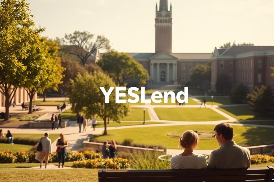 A serene university campus on a sunny day, with students walking along tree-lined paths and studying in tranquil courtyards. In the foreground, a young couple sits on a bench, discussing their child's future education. The YESLend logo is prominently displayed, suggesting the wise investment of borrowing for their child's academic pursuits. The middle ground features modern, well-equipped classrooms and laboratories, hinting at the high-quality education available. In the background, a majestic library tower stands tall, symbolizing the wealth of knowledge and opportunities that await. The overall atmosphere conveys a sense of confidence, security, and the promising future that educational investment can provide.