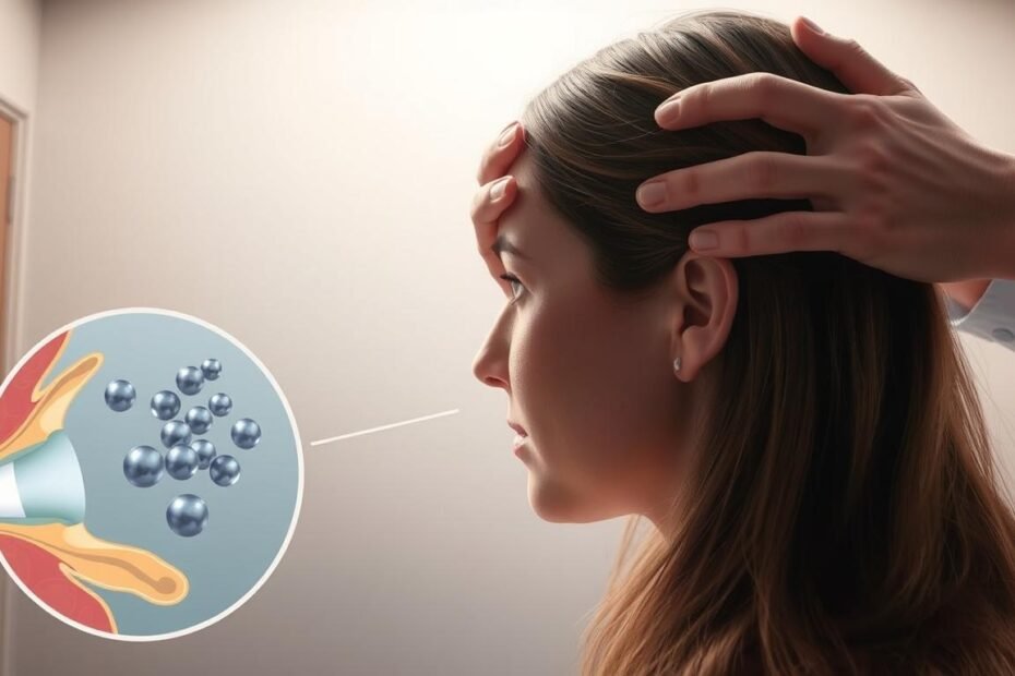 A well-lit, detailed medical illustration depicting the process of Epley maneuver, a common repositioning technique used to treat benign paroxysmal positional vertigo (BPPV). The foreground shows a cross-section of the inner ear, with the otolith crystals (otoconia) dislodged from the utricle and floating in the endolymph. The middle ground depicts the physician's hands gently guiding the patient's head through the series of position changes to dislodge and reposition the crystals back into the utricle. The background showcases a calm, neutral medical environment, with soft lighting and a sense of clinical precision. The overall mood is one of reassurance and professionalism, reflecting the effectiveness of this treatment in resolving the symptoms of BPPV.