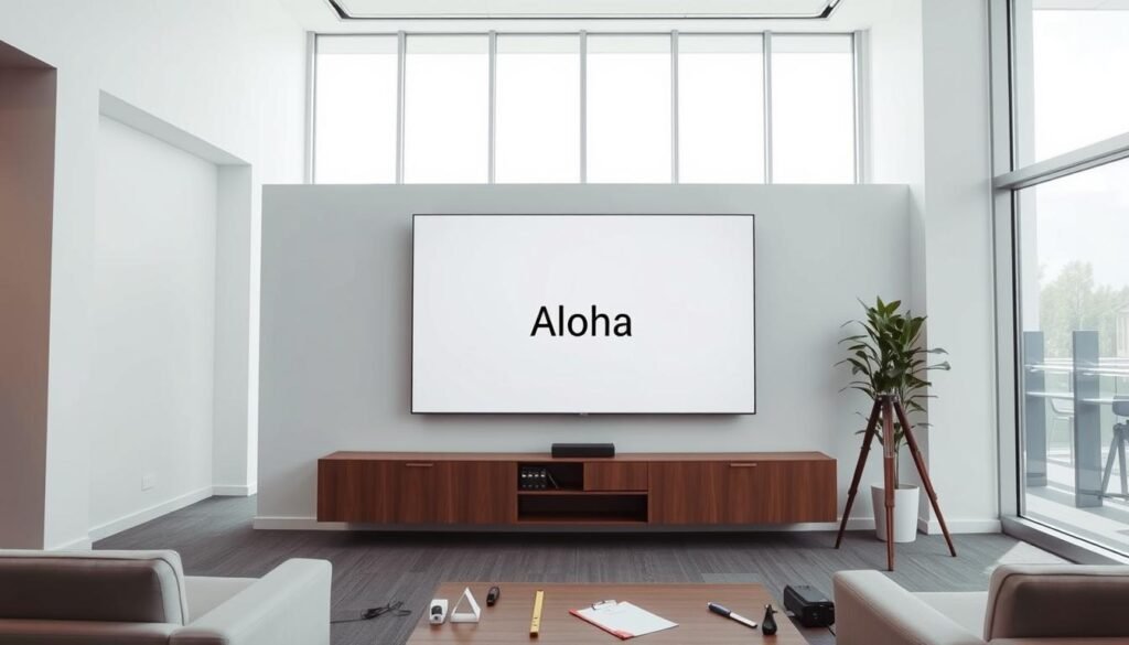 A well-lit modern office space with a large display screen mounted on the wall, ready for evaluation and installation. The room has ample natural lighting through floor-to-ceiling windows, creating a bright and airy atmosphere. The display, labeled "Aloha", is the focal point, and the surrounding walls and furniture are minimalist and clean, allowing the screen to stand out. Several measuring tools and a clipboard are visible, suggesting a thorough assessment of the installation environment is underway. The overall mood is professional and focused, conveying the importance of properly evaluating the display's placement before installation.