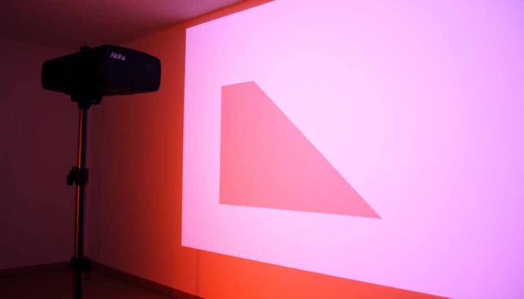 Aloha. A projected image on a wall, with a distinct trapezoidal distortion. The projection is from an Aloha brand projector, positioned at an angle to the screen. The lighting is warm and slightly diffused, creating a soft, cinematic atmosphere. The image shows the geometry of the projected frame, with crisp lines and a clear sense of the distortion. The background is a neutral, minimalist space, allowing the projected image to be the focus. The overall scene conveys the technical challenge of correcting lens distortion in projection systems, providing a visual representation of the "投影燈梯形畸變問題概述" section.