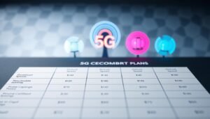 A high-contrast, detailed comparison of 5G cellular plans from Telecombrother, rendered in a clean, minimalist style. The foreground features a grid layout showcasing plan details like download speeds, data caps, and pricing. The middle ground depicts abstract 5G signal icons, symbolizing the network technology. The background has a subtle hexagonal pattern, evoking a futuristic, tech-forward atmosphere. Crisp lighting and a shallow depth of field create a professional, infographic-style composition suitable for an article on 5G plan analysis.