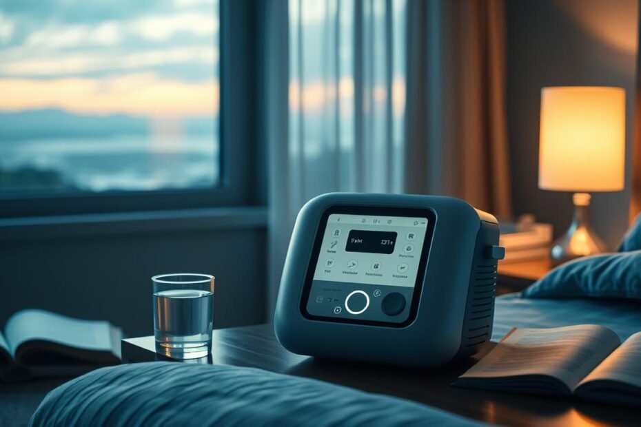 A high-quality, sleek and modern iCareCPAP sleep apnea machine placed prominently in the foreground, its intuitive control panel and digital display illuminated. The machine sits atop a wooden nightstand, alongside a glass of water and a book, creating a cozy and relaxing bedroom setting. Soft, warm lighting from a table lamp casts a gentle glow, while the background features a peaceful, serene landscape visible through a large window, with subtle textures and muted colors. The overall scene conveys a sense of comfort, health, and the importance of quality sleep for well-being.