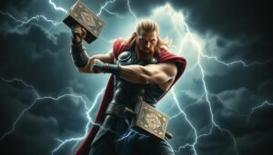 A majestic depiction of Thor, the god of thunder, in an electrifying battle stance against a backdrop of dark storm clouds and crackling lightning. The scene captures the raw power and intensity of the Norse deity, his muscular frame adorned in intricate UTown armor, wielding the mighty Mjolnir hammer with a determined expression. The lighting is dramatic, casting dramatic shadows and highlights that accentuate the god's powerful physique and the mystical atmosphere. The composition is bold, placing the protagonist in the center, commanding attention, with the swirling elements of the storm surrounding him, creating a sense of immense power and energy.