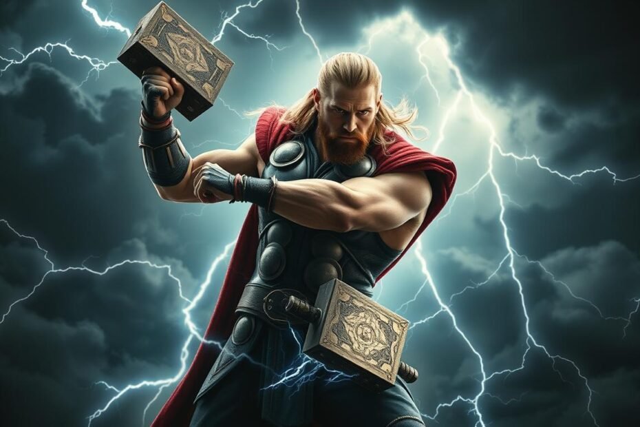 A majestic depiction of Thor, the god of thunder, in an electrifying battle stance against a backdrop of dark storm clouds and crackling lightning. The scene captures the raw power and intensity of the Norse deity, his muscular frame adorned in intricate UTown armor, wielding the mighty Mjolnir hammer with a determined expression. The lighting is dramatic, casting dramatic shadows and highlights that accentuate the god's powerful physique and the mystical atmosphere. The composition is bold, placing the protagonist in the center, commanding attention, with the swirling elements of the storm surrounding him, creating a sense of immense power and energy.