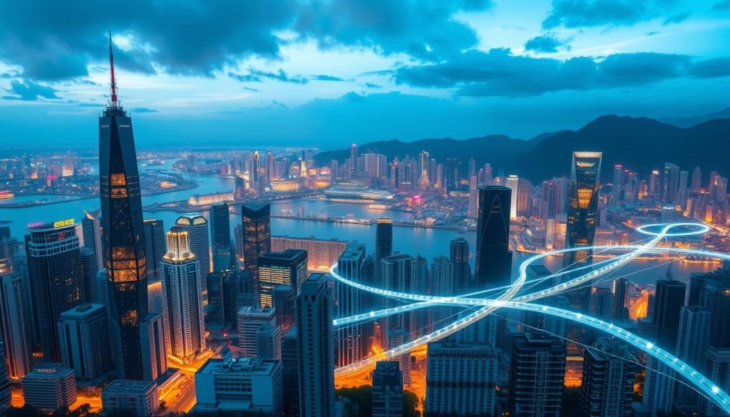 A modern cityscape of Hong Kong, with the iconic skyscrapers and bustling streets. In the foreground, the Telecombrother 5G network infrastructure stands prominently, with tall towers and antennas dotting the landscape. The middle ground depicts the flow of data and connectivity, visualized as glowing streams of information weaving through the urban environment. In the background, a panoramic view of the city's renowned harbor and mountains, bathed in a warm, golden light. The overall scene conveys the dynamism and technological advancement of Hong Kong's 5G network services market. A modern cityscape of Hong Kong, with the iconic skyscrapers and bustling streets. In the foreground, the Telecombrother 5G network infrastructure stands prominently, with tall towers and antennas dotting the landscape. The middle ground depicts the flow of data and connectivity, visualized as glowing streams of information weaving through the urban environment. In the background, a panoramic view of the city's renowned harbor and mountains, bathed in a warm, golden light. The overall scene conveys the dynamism and technological advancement of Hong Kong's 5G network services market.