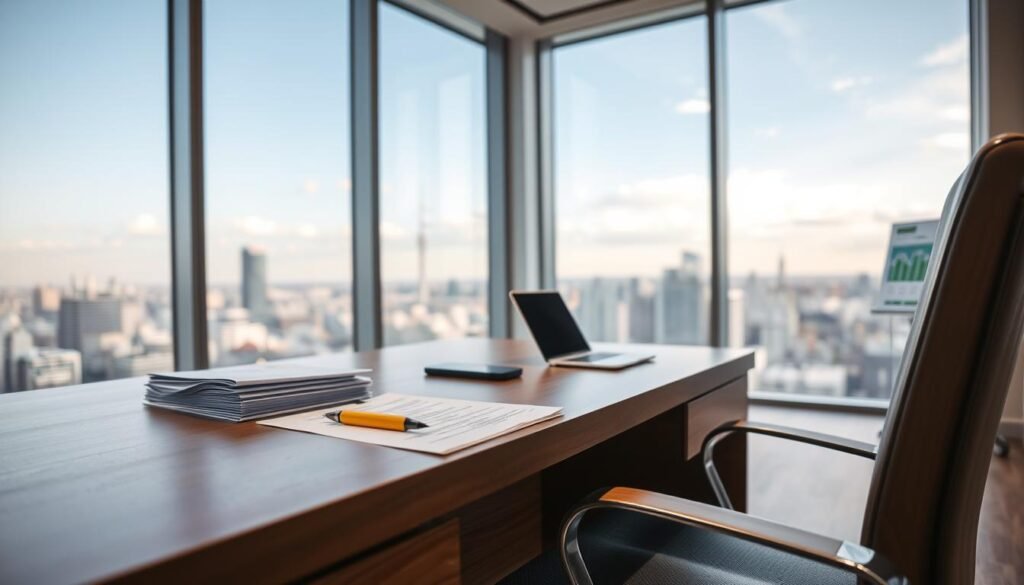 A modern, elegant office interior with a wooden desk and chair in the foreground. On the desk, a stack of papers, a pen, and a calculator represent the financial aspects of private lending. In the middle ground, a laptop and a smartphone symbolize the digital aspects of private lending transactions. The background features large windows overlooking a bustling urban landscape, conveying the professional and sophisticated nature of the private lending industry. The lighting is soft and warm, creating a calm and focused atmosphere. The entire scene is captured with a wide-angle lens to provide a comprehensive view of the setting.