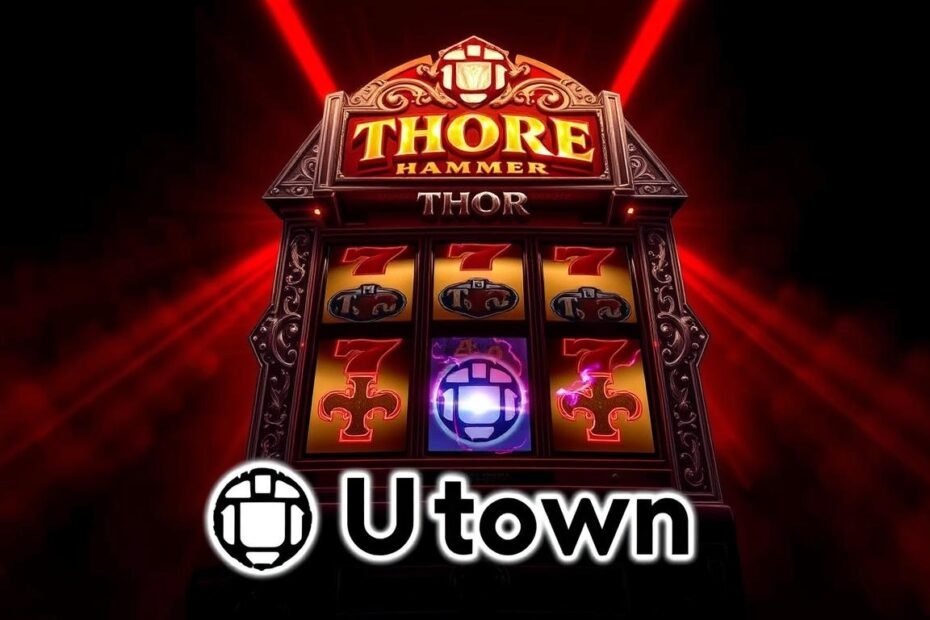 A striking, high-contrast image of a slot machine called "Thor's Hammer" against a dark, dramatic background. The machine's body is ornate, with intricate carvings and metalwork, evoking the power and mythology of the Norse god Thor. Beams of light and energy radiate from the machine, creating an intense, almost supernatural atmosphere. The reels spin rapidly, hinting at the thrill and anticipation of the game. In the foreground, the UTown logo is prominently displayed, connecting the imagery to the article's subject matter. The overall composition is cinematic and visually captivating, reflecting the depth and complexity of the article's exploration of data analysis strategies for this specific game.