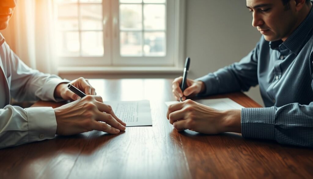 A well-lit, realistic scene of a private lending agreement being signed by two individuals across a wooden table. The foreground features the hands of the lender and borrower, carefully reviewing and signing the contract. The middle ground shows their serious expressions as they negotiate the loan terms. In the background, a window provides natural lighting, illuminating the scene and lending an air of professionalism and legitimacy to the transaction. The overall mood is one of careful consideration and compliance with applicable laws and regulations governing private lending.