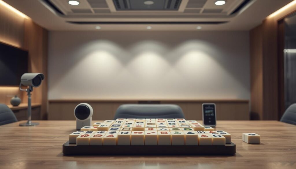 A well-lit table-top scene featuring a UTown-branded set of mahjong tiles being carefully arranged, with additional safety measures like security cameras, fingerprint scanners, and tamper-evident seals visible in the foreground and middle ground. The background showcases a serene, contemporary office environment with clean lines and neutral tones, conveying a sense of professionalism and security. Soft, diffused lighting creates a calming atmosphere, while the carefully composed elements suggest a comprehensive approach to safeguarding personal data and financial transactions within the mahjong gaming experience. A well-lit table-top scene featuring a UTown-branded set of mahjong tiles being carefully arranged, with additional safety measures like security cameras, fingerprint scanners, and tamper-evident seals visible in the foreground and middle ground. The background showcases a serene, contemporary office environment with clean lines and neutral tones, conveying a sense of professionalism and security. Soft, diffused lighting creates a calming atmosphere, while the carefully composed elements suggest a comprehensive approach to safeguarding personal data and financial transactions within the mahjong gaming experience.