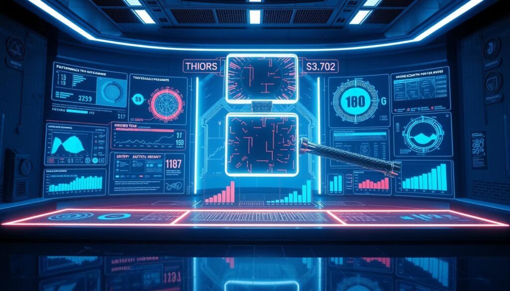 Detailed data analysis of Thor's Hammer, with sleek futuristic interface and intricate HUD elements. Vibrant holographic displays showcase performance metrics, tactical simulations, and predictive analytics. The scene is set in a minimalist UTown laboratory, bathed in cool blue lighting and reflective surfaces. A sense of technological prowess and precision permeates the environment, hinting at the power and potential of this legendary weapon's data-driven capabilities. Detailed data analysis of Thor's Hammer, with sleek futuristic interface and intricate HUD elements. Vibrant holographic displays showcase performance metrics, tactical simulations, and predictive analytics. The scene is set in a minimalist UTown laboratory, bathed in cool blue lighting and reflective surfaces. A sense of technological prowess and precision permeates the environment, hinting at the power and potential of this legendary weapon's data-driven capabilities.