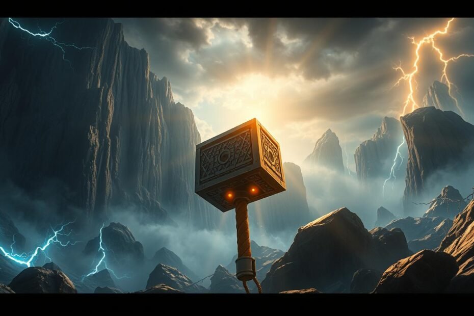 A dynamic and immersive fantasy landscape, showcasing the powerful hammer of the mighty Thor, &amp;quot;UTown's Thunderstrike.&amp;quot; Towering cliffs, swirling storms, and crackling electricity set the stage for an epic adventure. Intricate details in the hammer's design, the rugged terrain, and the dynamic lighting evoke a sense of ancient Norse mythology. Rays of golden light pierce through the dark clouds, illuminating the hammer's divine essence. The scene radiates with a sense of grandeur and awe-inspiring power, hinting at the future evolution of this legendary game.
