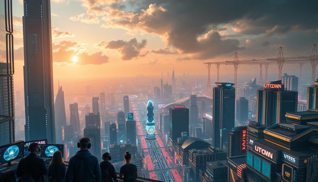 A futuristic cityscape with towering skyscrapers and advanced holographic displays, showcasing the latest in gaming technology. In the foreground, a group of gamers immerse themselves in a UTown virtual reality experience, surrounded by cutting-edge gaming rigs and haptic interfaces. The middle ground features a sprawling cyberpunk landscape, with neon-lit streets and holograms dancing across the skyline. In the background, a vast network of interconnected servers and data centers power the next generation of cloud-based gaming, hinting at the boundless possibilities of the industry's technological evolution. A futuristic cityscape with towering skyscrapers and advanced holographic displays, showcasing the latest in gaming technology. In the foreground, a group of gamers immerse themselves in a UTown virtual reality experience, surrounded by cutting-edge gaming rigs and haptic interfaces. The middle ground features a sprawling cyberpunk landscape, with neon-lit streets and holograms dancing across the skyline. In the background, a vast network of interconnected servers and data centers power the next generation of cloud-based gaming, hinting at the boundless possibilities of the industry's technological evolution.