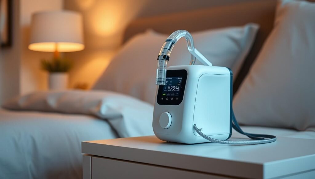 A sleek, portable iCareCPAP machine sits prominently on a bedside table, its modern design and soft ambient lighting creating a calming atmosphere. The machine's intuitive interface and discreet nasal mask hint at its user-friendly and comfortable nature, perfectly suited for effortless nighttime use. In the background, a cozy bedroom environment with muted colors and minimal decor emphasizes the machine's seamless integration into the space, underscoring its convenience and ease of use for managing sleep apnea. The overall scene conveys the simplicity and practicality of the iCareCPAP system, showcasing its suitability for everyday sleep therapy.