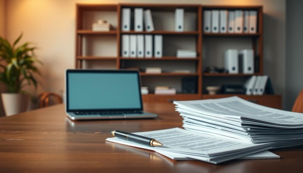 A tranquil office scene, with a wooden desk showcasing the concept of private lending. In the foreground, a stack of papers and a pen, symbolizing the paperwork involved. The middle ground features a laptop open, hinting at the digital aspects of private loans. The background displays a wall with shelves holding financial documents, conveying the formal, institutional nature of this alternative lending method. Warm, ambient lighting casts a professional yet approachable atmosphere, emphasizing the personal, flexible nature of private financing options. The composition is balanced, with a focus on the key elements that define the core characteristics of private lending.