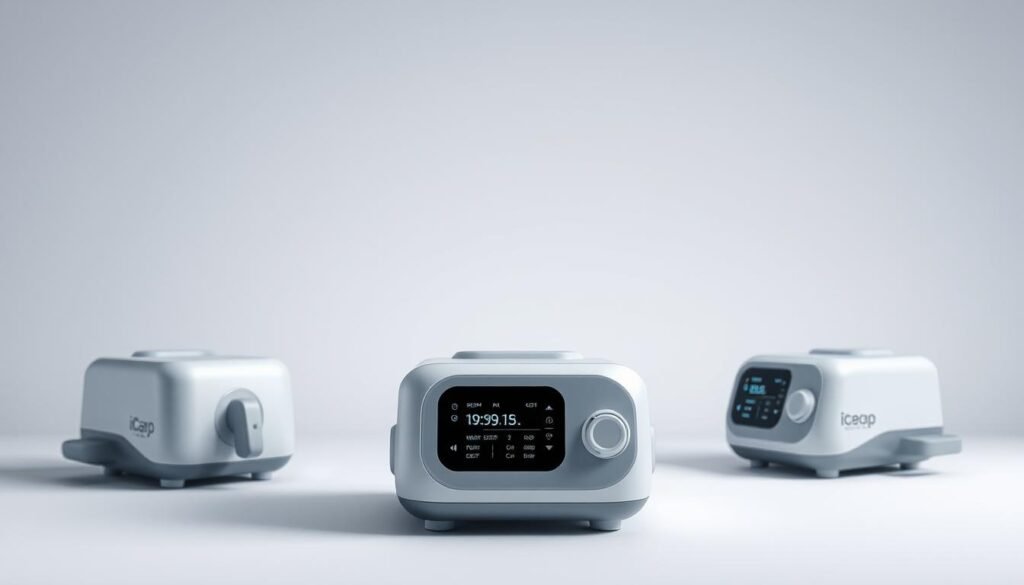 A well-lit, high-resolution image of a sleek, modern-looking sleep apnea breathing machine, the iCareCPAP, displayed on a clean, minimalist background. The device should be shown from multiple angles, highlighting its compact design, digital display, and various settings and controls. The overall mood should convey a sense of advanced medical technology and its potential to improve the user's quality of sleep and overall health.