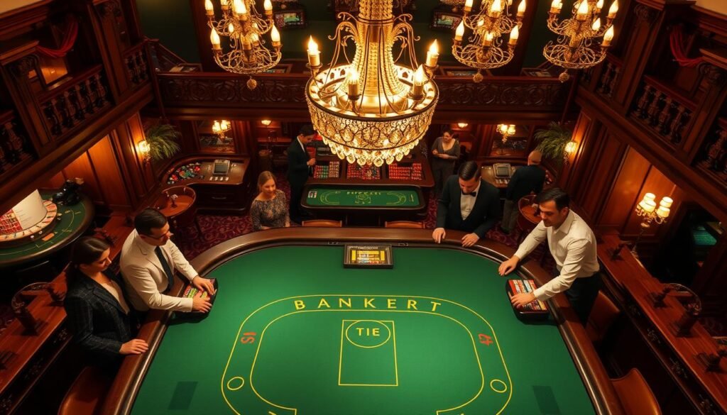 A well-lit overhead view of a traditional baccarat table in a high-end casino. The table's green felt surface is divided into distinct areas for the banker, player, and tie bets. Dealers in crisp uniforms stand at the sides, while stylishly dressed patrons lean in, their faces animated with anticipation. The table is flanked by ornate wooden railings and chandeliers that cast a warm, golden glow across the scene. The overall atmosphere evokes the elegance and excitement of classic casino gaming.