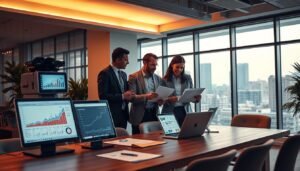 A modern office workspace showcasing a diverse team of professionals collaborating on advertising strategies. In the foreground, a tall table with digital devices displaying graphs and analytics related to ad campaigns. The middle of the image features a group discussion, with three individuals—two men and one woman—dressed in smart business attire, actively reviewing creative materials and a laptop. Soft, warm overhead lighting illuminates the scene, creating an inviting atmosphere. In the background, large windows reveal an urban landscape, symbolizing the broader advertising reach. The overall mood conveys innovation, teamwork, and the strategic importance of effective ad placement. The focus is on collaboration, insight, and the value of advertising in today's marketplace.
