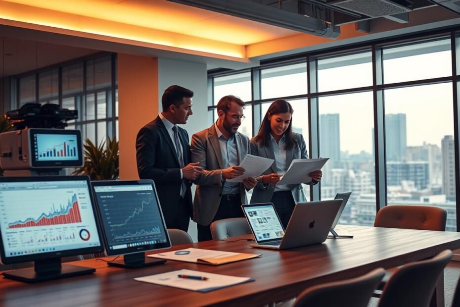 A modern office workspace showcasing a diverse team of professionals collaborating on advertising strategies. In the foreground, a tall table with digital devices displaying graphs and analytics related to ad campaigns. The middle of the image features a group discussion, with three individuals—two men and one woman—dressed in smart business attire, actively reviewing creative materials and a laptop. Soft, warm overhead lighting illuminates the scene, creating an inviting atmosphere. In the background, large windows reveal an urban landscape, symbolizing the broader advertising reach. The overall mood conveys innovation, teamwork, and the strategic importance of effective ad placement. The focus is on collaboration, insight, and the value of advertising in today's marketplace.