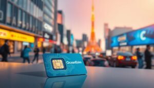 A sleek and modern eSIM card labeled "OceanEsim" prominently displayed in the foreground, showcasing its cutting-edge technology with colorful circuit patterns. The card rests on a smooth, reflective surface that subtly reflects ambient light, enhancing its visual appeal. In the middle background, a soft-focus image of a busy Japanese cityscape suggests the convenience of connectivity, with iconic landmarks like Tokyo Tower visible. The lighting is bright and inviting, creating an upbeat atmosphere, while the overall composition is clean and professional, evoking a sense of reliability and innovation. The image should be visually striking yet uncomplicated, emphasizing the significance of choosing OceanEsim for seamless connectivity in Japan.