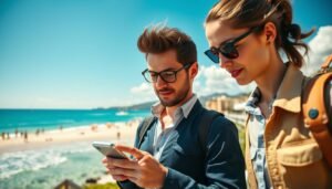 A vibrant and dynamic travel scenario depicting the application of OceanEsim for mobile data connectivity while on the go. In the foreground, a person in smart casual attire is using their smartphone, with a focused expression, engaged in an online activity. In the middle ground, a picturesque coastal scene with a beach under bright sunlight, sprinkled with a few colorful beach umbrellas and people enjoying the day. The background features a clear blue sea with gentle waves lapping at the shore, complemented by distant sailboats and a sunny sky with fluffy white clouds. Soft, natural lighting highlights the scene, giving a warm and inviting atmosphere. The angle is a slightly elevated viewpoint, emphasizing the interaction with technology amidst a beautiful travel backdrop.
