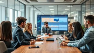 a professional office environment showcasing a vibrant workplace focused on effective scheduling, communication, and handover practices. In the foreground, a diverse group of professionals in business attire (men and women) are engaged in a collaborative discussion around a conference table, examining documents and digital devices. The middle ground features a large digital display board showing dynamic charts and timelines, emphasizing workflow management. The background contains glass walls that reveal other teams working harmoniously. Use soft, natural lighting to create a welcoming atmosphere, with a slight focus on warm tones to convey camaraderie and productivity. The angle should be slightly elevated to capture the interaction and teamwork effectively, without any text or logos visible.