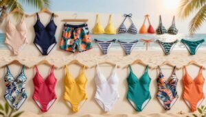 A beautifully arranged display of diverse swimsuits and swimwear brands, showcasing a variety of styles and colors. The foreground features neatly hung one-piece swimsuits in vibrant hues and elegant patterns, emphasizing their unique designs. In the middle ground, a selection of stylish swim trunks and bikini sets is artistically laid out on a soft, sandy backdrop, suggesting a beach atmosphere. The background includes a hint of sunlit water and palm trees, creating a cheerful, tropical ambiance. The lighting is bright and warm, evoking a sense of summer fun. The overall mood is fresh and inviting, perfect for illustrating the essence of swimwear in a professional and stylish context, focusing on the definition and basic concepts without any explicit imagery.