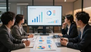 A modern market research setting showcasing the development trends of personal wellness products. In the foreground, a sleek table with detailed graphs and charts on market demand, surrounded by diverse professionals in business attire engaged in discussion. In the middle, a large screen displays trends and statistics on the popularity of characteristic products, emanating a warm, inviting light. The background features a contemporary office space with soft, ambient lighting, creating a cozy and intimate atmosphere. The scene is framed with a slight overhead angle to capture both faces and visual data. The overall mood is professional and analytical, emphasizing the growth and societal impact of innovative personal products in a progressive market.