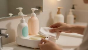 A serene and hygienic scene depicting the step-by-step cleaning process of a personal care item, specifically designed for intimate wellness. In the foreground, show a sleek, modern cleaning station with soft, calming colors, featuring cleaning supplies like gentle soap and a soft cloth. The middle layer includes a carefully placed, ergonomically designed product, emphasizing its sleek form while ensuring a professional atmosphere. In the background, include blurred elements of a minimalist bathroom setting with warm lighting, creating a cozy and inviting ambiance. Soft shadows enhance the cinematic vibe of the image, aiming for a 4:3 aspect ratio to focus on the cleaning activity. The overall mood should be peaceful, emphasizing hygiene and care. No people should be present in the scene.