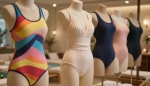 A stylish display of athletic swimwear and elegant spa swimwear designs, featuring both sleek, sporty silhouettes and luxurious, flowing fabrics. The foreground showcases a vibrant, colorful outfit suitable for exercise, with dynamic lines and a sporty aesthetic. In contrast, the middle features a sophisticated spa swimwear piece with elegant details and soft textures. The background suggests a serene spa setting with gently lit warm lighting, creating a cozy and intimate atmosphere. Soft bokeh effects enhance the romantic and inviting mood, while the composition is framed in a 4:3 aspect ratio to highlight the stylish swimsuits. The image should evoke a sense of fashion-forward thinking in swimwear trends this season, perfect for a sophisticated audience.