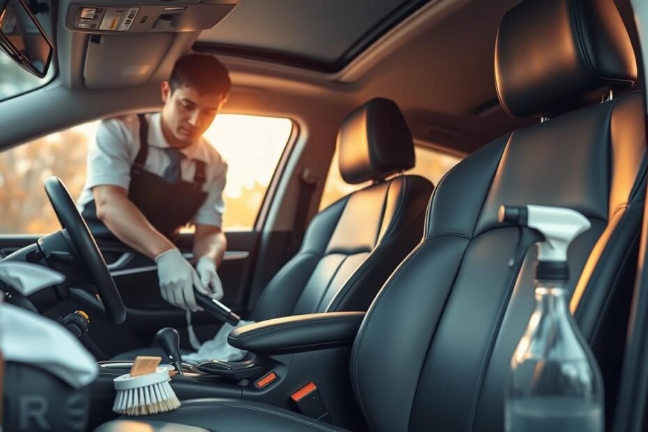 A clean and professional image depicting the process of deep cleaning a car interior, with a focus on a pristine leather seat. In the foreground, a skilled professional wearing a neat uniform is using specialized cleaning tools and solutions to carefully treat the leather, showing attention to detail. The middle ground features various cleaning equipment, like brushes, cloths, and spray bottles neatly arranged, emphasizing organization. In the background, a well-lit car interior showcases a spotless environment, highlighting the importance of maintaining a clean space. Soft, warm lighting creates a welcoming atmosphere, while a shallow depth of field focuses on the cleaning action, enhancing the mood of professionalism and diligence.