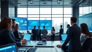 A dynamic and modern visual representation of the "3A即時反饋機制", showcasing a sophisticated control center environment. In the foreground, a diverse group of professionals in smart business attire interact with advanced digital screens displaying data analytics and real-time feedback metrics associated with the 3A system. The middle ground features sleek, high-tech interfaces illuminated by soft blue and green lighting, emphasizing a high-tech atmosphere. In the background, a large window reveals a city skyline, symbolizing innovation and progress. The scene is well-composed with a balanced focus, highlighting the collaboration between team members and the technology. The lighting is bright but not overwhelming, creating an engaging mood of productivity and efficiency.