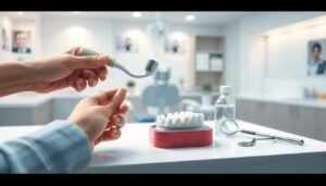 A detailed illustration depicting dental implants care and maintenance methods. In the foreground, a hand gently holding a toothbrush specifically designed for dentures, with a soft bristle and ergonomic grip. The middle ground features a well-organized dental care kit, including a small container of specialized dental cleaning solution, soft floss, and a dental mirror, all arranged on a clean, white counter. In the background, a blurred image of a dental clinic, exuding a calm and professional atmosphere, with soft lighting illuminating the workspace. The overall mood is educational and supportive, emphasizing the importance of proper dental care for seniors. The image should not contain any text, human figures, or branding elements.