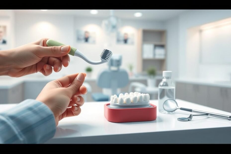 A detailed illustration depicting dental implants care and maintenance methods. In the foreground, a hand gently holding a toothbrush specifically designed for dentures, with a soft bristle and ergonomic grip. The middle ground features a well-organized dental care kit, including a small container of specialized dental cleaning solution, soft floss, and a dental mirror, all arranged on a clean, white counter. In the background, a blurred image of a dental clinic, exuding a calm and professional atmosphere, with soft lighting illuminating the workspace. The overall mood is educational and supportive, emphasizing the importance of proper dental care for seniors. The image should not contain any text, human figures, or branding elements.
