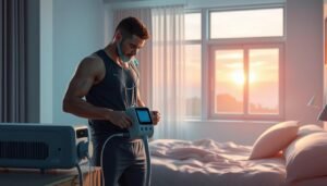 A dynamic and insightful illustration showcasing the advantages of sleep apnea machines for athletes. In the foreground, a professional-looking athlete in modest athletic attire is interacting with a modern sleep apnea machine, examining its features. In the middle ground, a peaceful bedroom setting with soft lighting emphasizes comfort, with a neatly made bed and calming colors to suggest restful sleep. The background features a window showing a serene sunrise, symbolizing the rejuvenating power of sleep. The atmosphere is calm and inspiring, highlighting the connection between quality sleep, breathing support, and athletic performance. Use a soft focus lens to create a warm, inviting ambiance, ensuring all elements harmonize without any text or extra distractions.