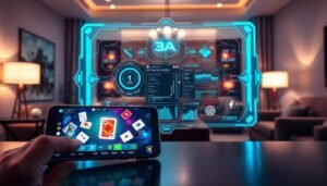 A futuristic, high-tech monitoring system concept for a "3A Anti-Cheat Detection System" in a cozy, modern gaming room. In the foreground, a sleek smartphone displays a vibrant poker game interface with sharp graphics and glowing cards. In the middle, an intricate holographic display shows real-time data analysis, cheat detection algorithms, and player statistics, illuminated with blue and green neon lights. The background features soft ambient lighting, with stylish furniture and a subtle electronic ambiance, hinting at advanced technology. The atmosphere is immersive and professional, reflecting a serious yet engaging gaming environment, emphasizing security and fairness in online poker. Capture the essence of innovation in gaming technology without any text or overlays.