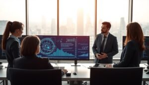 A modern, high-tech office environment focused on data privacy and security. In the foreground, a diverse group of three professional employees, dressed in formal business attire, are engaged in a discussion around a large digital screen displaying abstract representations of data anonymization techniques and algorithms. In the middle, sleek workstations with multiple monitors showcase graphs and data streams, emphasizing the concept of data processing and protection. The background features large windows with a view of a city skyline, bathed in soft, natural light that creates a calm, focused atmosphere. Use a slightly elevated camera angle to capture the collaborative environment, conveying a sense of innovation and vigilance in data management. The mood is professional and forward-thinking, free from text or branding elements.