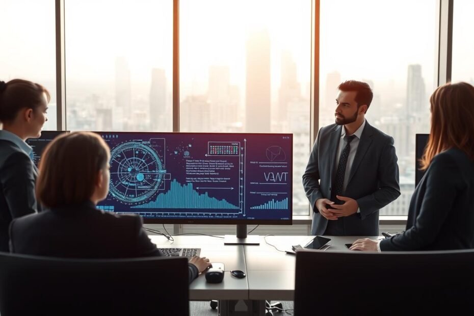 A modern, high-tech office environment focused on data privacy and security. In the foreground, a diverse group of three professional employees, dressed in formal business attire, are engaged in a discussion around a large digital screen displaying abstract representations of data anonymization techniques and algorithms. In the middle, sleek workstations with multiple monitors showcase graphs and data streams, emphasizing the concept of data processing and protection. The background features large windows with a view of a city skyline, bathed in soft, natural light that creates a calm, focused atmosphere. Use a slightly elevated camera angle to capture the collaborative environment, conveying a sense of innovation and vigilance in data management. The mood is professional and forward-thinking, free from text or branding elements.