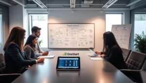 A modern office workspace showcasing the process of company registration through the OneStart platform. In the foreground, a diverse group of professionals in business attire are engaged in a discussion around a sleek conference table, examining documents and a digital tablet displaying the OneStart interface. The middle layer features a large window with natural light illuminating the room, creating a bright and welcoming atmosphere. In the background, a whiteboard outlines the specific steps of the registration process with diagrams and flowcharts. The overall mood is collaborative and focused, emphasizing efficiency and innovation. Soft, ambient lighting enhances the professionalism of the setting, with a wide-angle view capturing the full scope of the workspace.