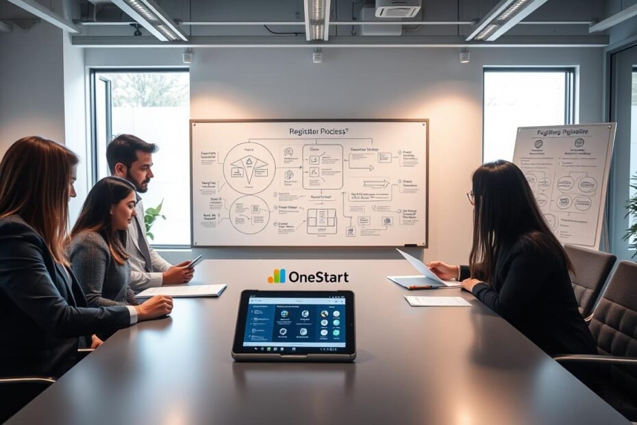 A modern office workspace showcasing the process of company registration through the OneStart platform. In the foreground, a diverse group of professionals in business attire are engaged in a discussion around a sleek conference table, examining documents and a digital tablet displaying the OneStart interface. The middle layer features a large window with natural light illuminating the room, creating a bright and welcoming atmosphere. In the background, a whiteboard outlines the specific steps of the registration process with diagrams and flowcharts. The overall mood is collaborative and focused, emphasizing efficiency and innovation. Soft, ambient lighting enhances the professionalism of the setting, with a wide-angle view capturing the full scope of the workspace.