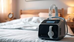 A modern sleep apnea machine positioned prominently in the foreground, showcasing its sleek design with a digital display and essential accessories like a mask and tubing. In the middle ground, a cozy bedroom setting with soft, warm lighting creates a serene atmosphere, highlighting a neatly made bed with calming colors. In the background, gentle shadows of bedside items like a clock and a water bottle add depth without distraction. The mood is peaceful and inviting, suggesting a safe space for rest. The perspective is slightly angled to emphasize the machine, capturing its advanced features. Overall, the scene conveys a sense of comfort and security for patients needing respiratory support during sleep.