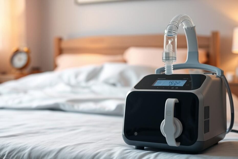 A modern sleep apnea machine positioned prominently in the foreground, showcasing its sleek design with a digital display and essential accessories like a mask and tubing. In the middle ground, a cozy bedroom setting with soft, warm lighting creates a serene atmosphere, highlighting a neatly made bed with calming colors. In the background, gentle shadows of bedside items like a clock and a water bottle add depth without distraction. The mood is peaceful and inviting, suggesting a safe space for rest. The perspective is slightly angled to emphasize the machine, capturing its advanced features. Overall, the scene conveys a sense of comfort and security for patients needing respiratory support during sleep.