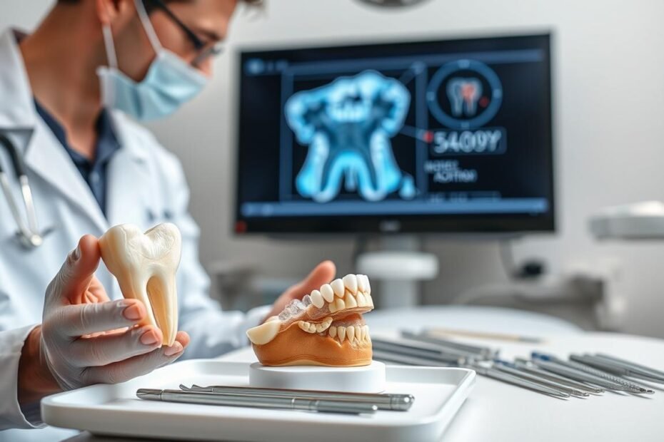 A professional dental office setting highlighting a risk assessment scenario for wisdom tooth extraction. In the foreground, a dental professional in a lab coat examines a 3D dental model of a wisdom tooth, showcasing its complex anatomy. The middle ground features an array of dental tools organized neatly on a sterile tray. In the background, a wall-mounted screen displays digital imaging of the jawbone with clear indicators of potential complications like bone adhesion. Soft, diffused lighting creates a calm and clinical atmosphere, emphasizing the seriousness of the assessment. A depth of field effect focuses on the dental professional and the model, while the background appears slightly blurred, conveying a focus on expertise and care in dental health.