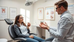 A serene dental clinic setting focused on post-operative dental care. In the foreground, a professional dentist in smart casual attire gently explaining aftercare to a patient seated in a dental chair. The dentist holds a model of a tooth, illustrating the affected area. In the middle ground, a well-organized workstation includes dental tools and informative pamphlets about proper aftercare. The background features soothing pastel-colored walls with framed educational posters about gum health and recovery timelines. Soft, natural lighting illuminates the scene, creating a calm and reassuring atmosphere, suggesting the importance of caution in post-surgery care. The angle is slightly elevated to capture both the dentist and patient while maintaining focus on the instructional atmosphere of the clinic.