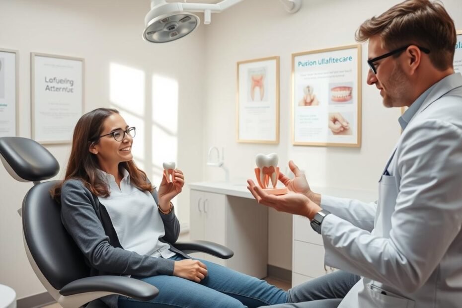 A serene dental clinic setting focused on post-operative dental care. In the foreground, a professional dentist in smart casual attire gently explaining aftercare to a patient seated in a dental chair. The dentist holds a model of a tooth, illustrating the affected area. In the middle ground, a well-organized workstation includes dental tools and informative pamphlets about proper aftercare. The background features soothing pastel-colored walls with framed educational posters about gum health and recovery timelines. Soft, natural lighting illuminates the scene, creating a calm and reassuring atmosphere, suggesting the importance of caution in post-surgery care. The angle is slightly elevated to capture both the dentist and patient while maintaining focus on the instructional atmosphere of the clinic.