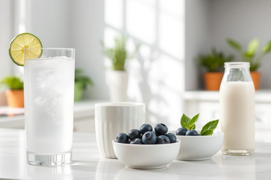 A serene kitchen countertop setting featuring an aesthetically pleasing arrangement of white beverages suitable for teeth whitening. In the foreground, a glass of refreshing coconut water with a slice of lime on the rim, next to a white ceramic cup filled with almond milk. In the middle, a small bowl of plain yogurt adorned with fresh blueberries, emphasizing healthy choices. The background showcases soft natural light filtering through a nearby window, highlighting a minimalist kitchen design with soft gray walls and green plants in pots, creating a calming and fresh atmosphere. The composition should evoke wellness and a focus on oral health while maintaining clarity and simplicity, showcasing the concept of "white diet drinks" effectively.